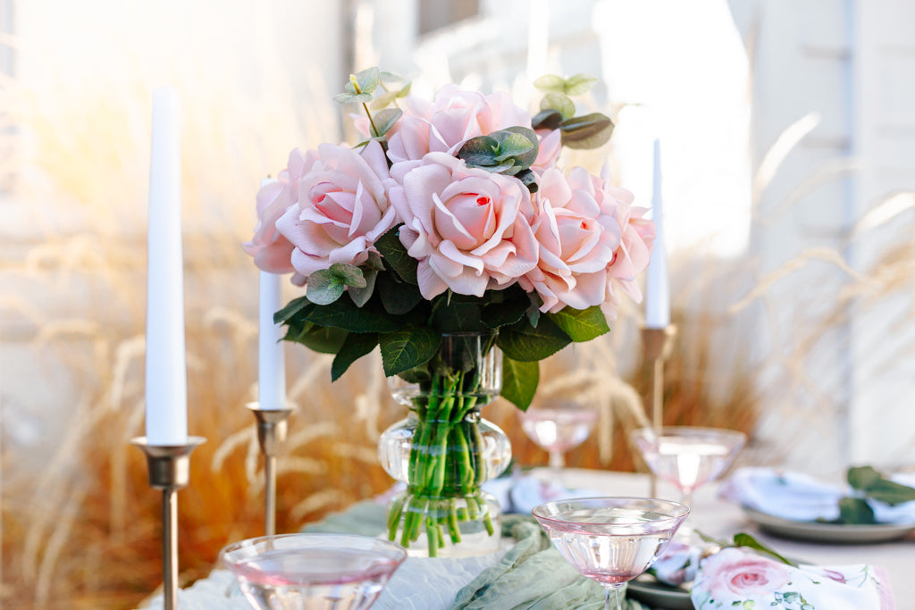 Alexandra Pink Real Touch Rose Centerpiece – Lifelike Faux Flower Arrangement for Weddings