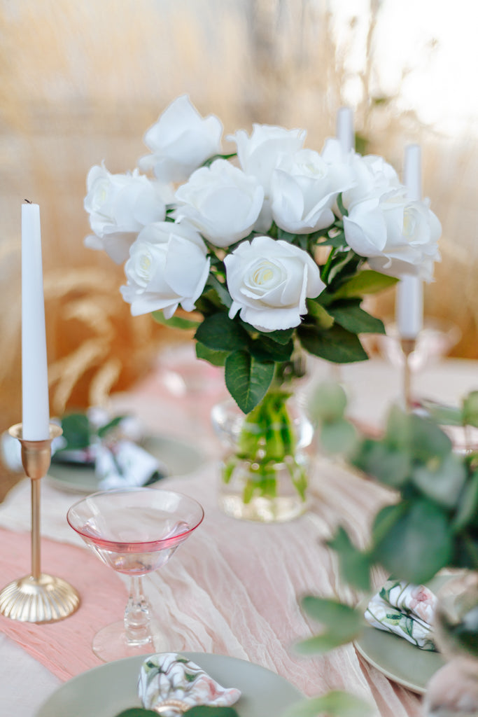 Liza White Petite Real Touch Rose Centerpiece – Lifelike Faux Flower Arrangement for Weddings