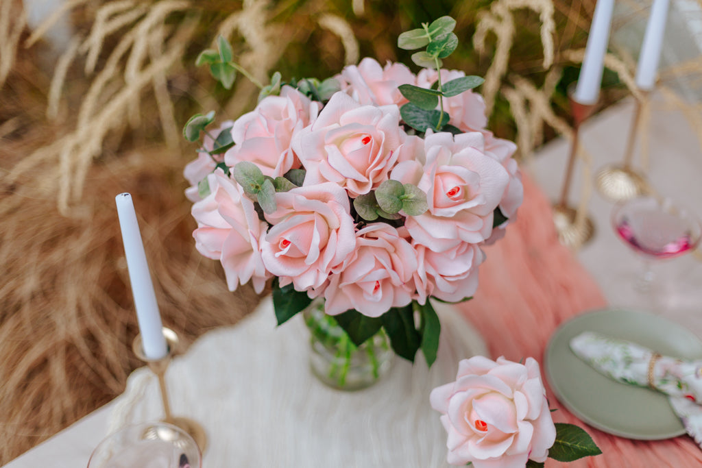 Alexandra Pink Real Touch Rose Centerpiece – Lifelike Faux Flower Arrangement for Weddings