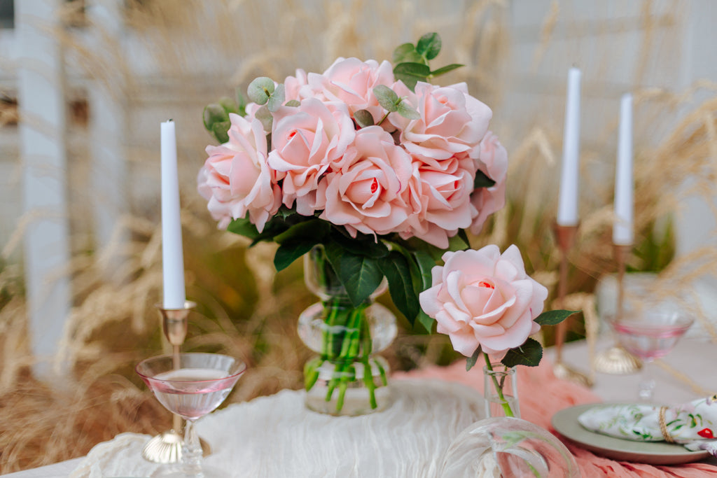 Alexandra Pink Real Touch Rose Centerpiece – Lifelike Faux Flower Arrangement for Weddings
