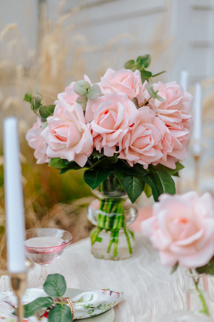 Alexandra Pink Real Touch Rose Centerpiece – Lifelike Faux Flower Arrangement for Weddings