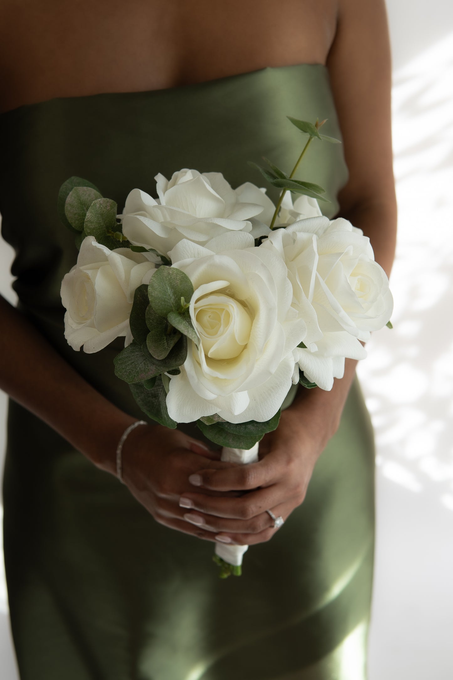 Callista White Real Touch Rose Bridesmaid Bouquet – Lifelike Faux Wedding Flowers
