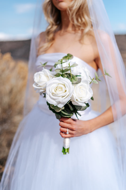 Callista White Real Touch Rose Bridal Bouquet – Lifelike Faux Wedding Flowers